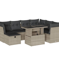 8-tlg. Garten-Sofagarnitur mit Kissen Hellgrau Poly Rattan