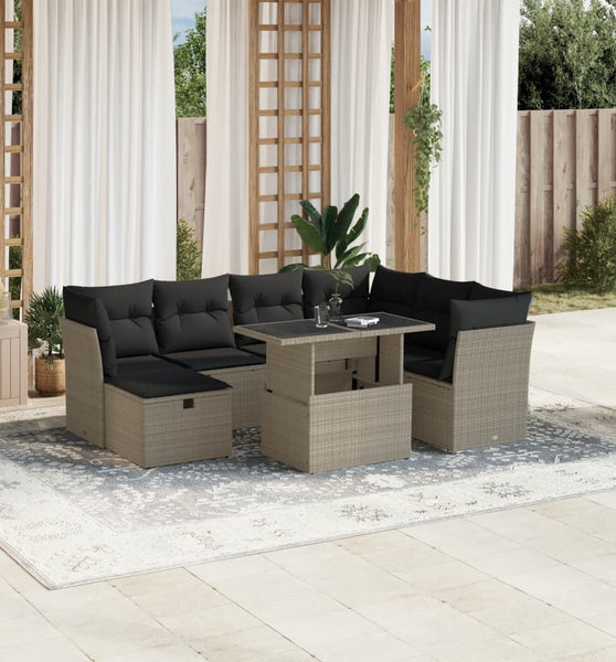 8-tlg. Garten-Sofagarnitur mit Kissen Hellgrau Poly Rattan