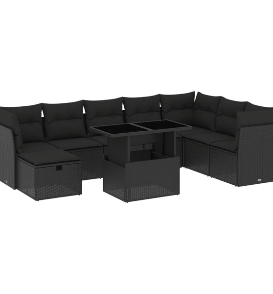 9-tlg. Garten-Sofagarnitur mit Kissen Schwarz Poly Rattan