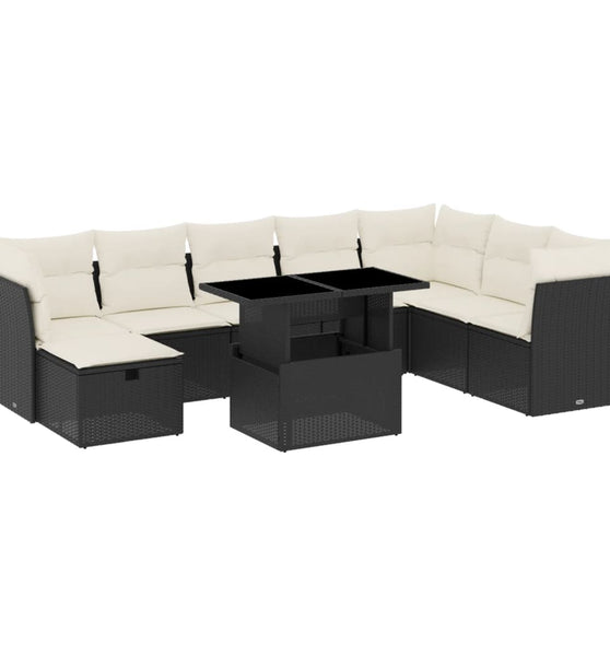 9-tlg. Garten-Sofagarnitur mit Kissen Schwarz Poly Rattan