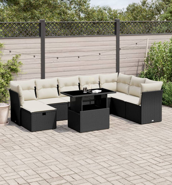 9-tlg. Garten-Sofagarnitur mit Kissen Schwarz Poly Rattan