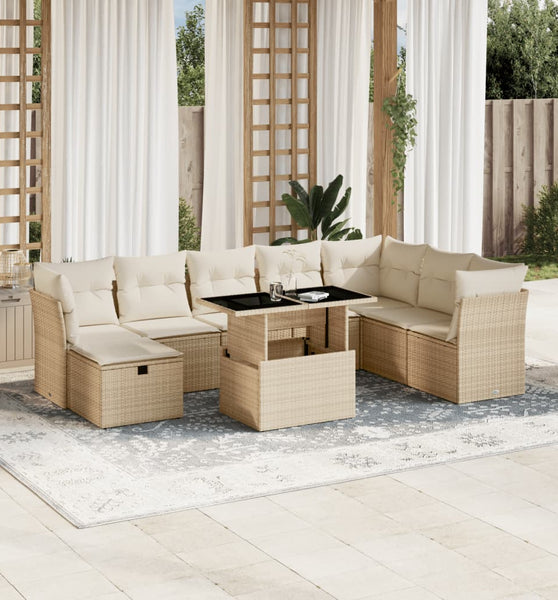 9-tlg. Garten-Sofagarnitur mit Kissen Beige Poly Rattan
