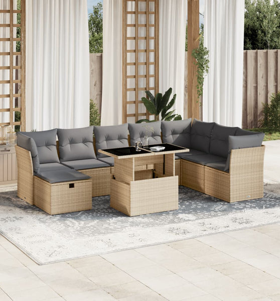 9-tlg. Garten-Sofagarnitur mit Kissen Beige Poly Rattan