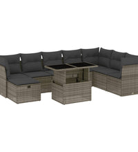 9-tlg. Garten-Sofagarnitur mit Kissen Grau Poly Rattan