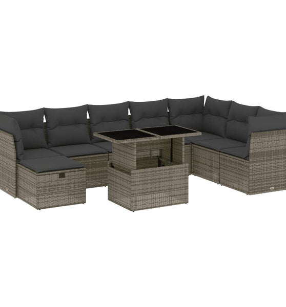9-tlg. Garten-Sofagarnitur mit Kissen Grau Poly Rattan