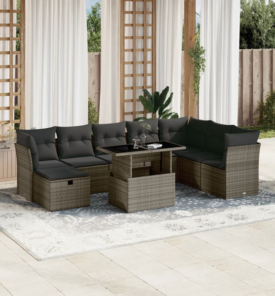 9-tlg. Garten-Sofagarnitur mit Kissen Grau Poly Rattan