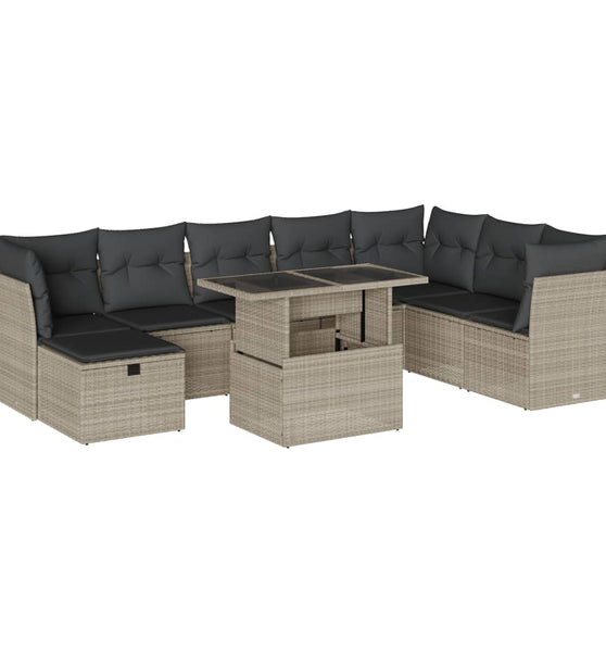 9-tlg. Garten-Sofagarnitur mit Kissen Hellgrau Poly Rattan