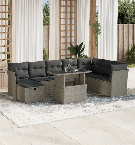 9-tlg. Garten-Sofagarnitur mit Kissen Hellgrau Poly Rattan