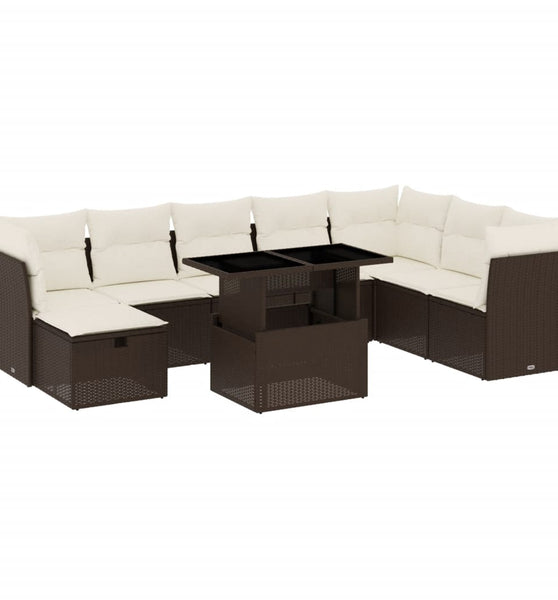 9-tlg. Garten-Sofagarnitur mit Kissen Braun Poly Rattan