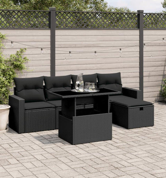 6-tlg. Garten-Sofagarnitur mit Kissen Schwarz Poly Rattan