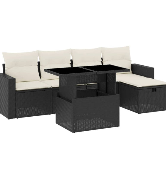 6-tlg. Garten-Sofagarnitur mit Kissen Schwarz Poly Rattan