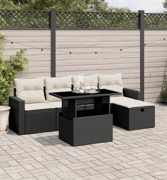 6-tlg. Garten-Sofagarnitur mit Kissen Schwarz Poly Rattan