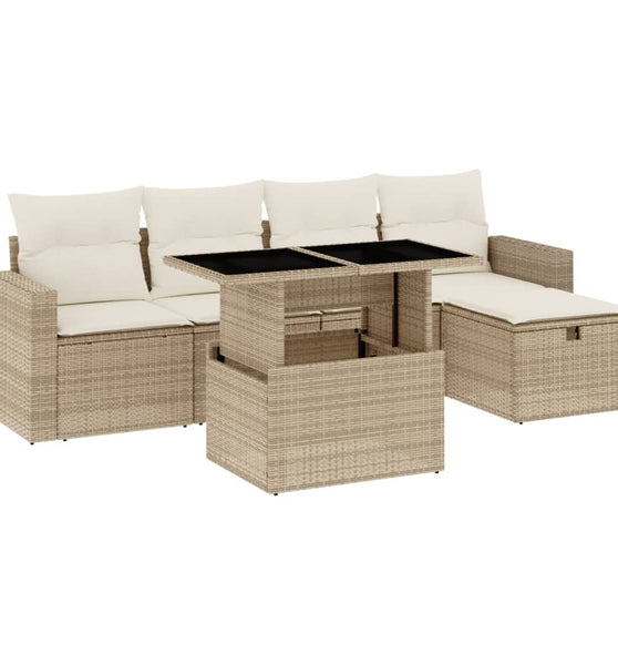 6-tlg. Garten-Sofagarnitur mit Kissen Beige Poly Rattan
