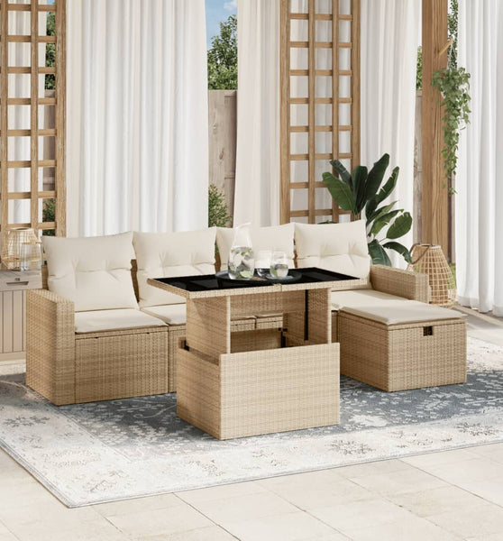 6-tlg. Garten-Sofagarnitur mit Kissen Beige Poly Rattan