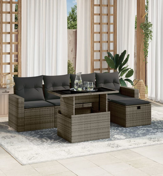 6-tlg. Garten-Sofagarnitur mit Kissen Grau Poly Rattan