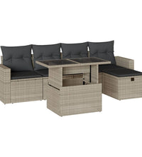 6-tlg. Garten-Sofagarnitur mit Kissen Hellgrau Poly Rattan