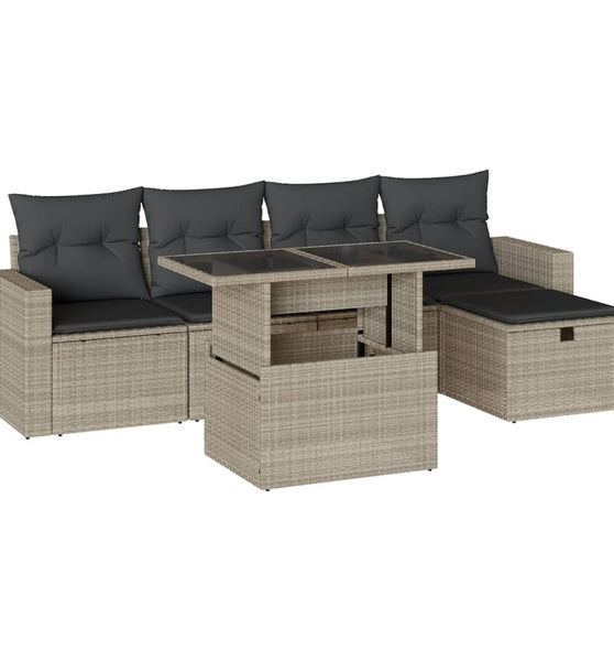 6-tlg. Garten-Sofagarnitur mit Kissen Hellgrau Poly Rattan