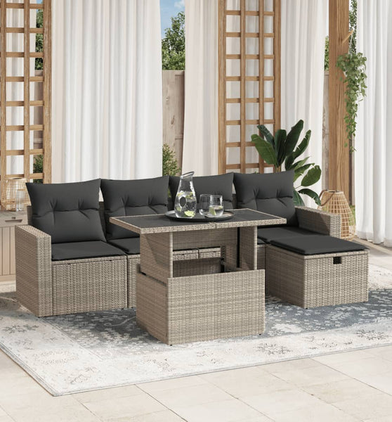 6-tlg. Garten-Sofagarnitur mit Kissen Hellgrau Poly Rattan