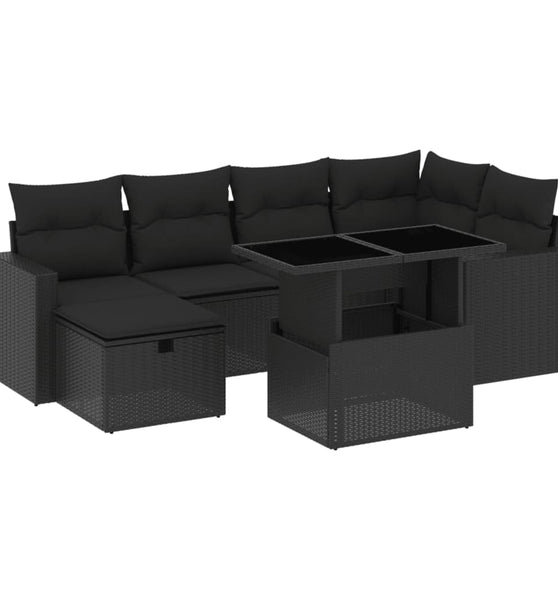 7-tlg. Garten-Sofagarnitur mit Kissen Schwarz Poly Rattan