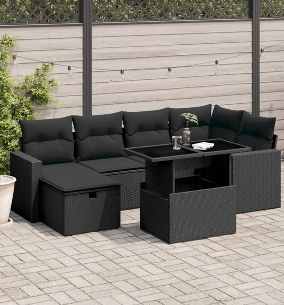 7-tlg. Garten-Sofagarnitur mit Kissen Schwarz Poly Rattan
