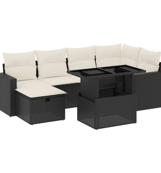 7-tlg. Garten-Sofagarnitur mit Kissen Schwarz Poly Rattan