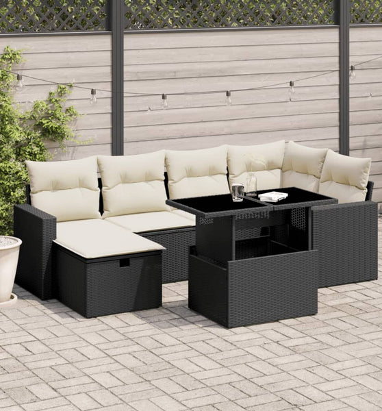 7-tlg. Garten-Sofagarnitur mit Kissen Schwarz Poly Rattan