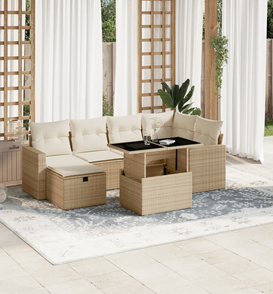7-tlg. Garten-Sofagarnitur mit Kissen Beige Poly Rattan