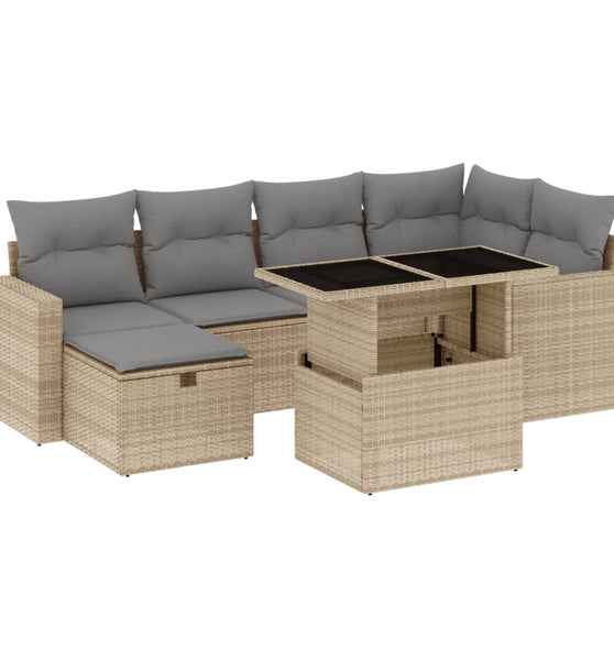 7-tlg. Garten-Sofagarnitur mit Kissen Beige Poly Rattan