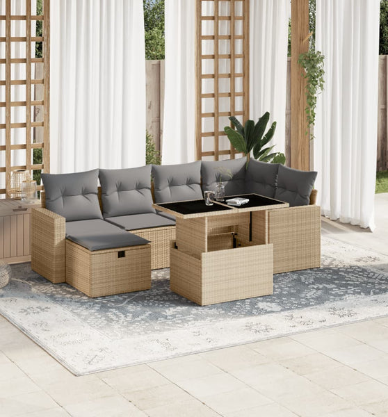 7-tlg. Garten-Sofagarnitur mit Kissen Beige Poly Rattan