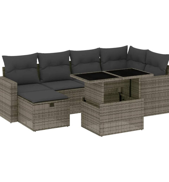7-tlg. Garten-Sofagarnitur mit Kissen Grau Poly Rattan