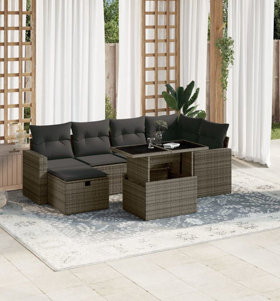7-tlg. Garten-Sofagarnitur mit Kissen Grau Poly Rattan