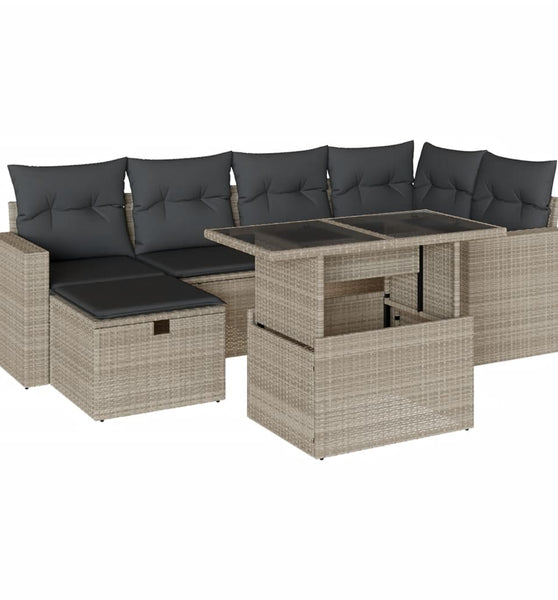 7-tlg. Garten-Sofagarnitur mit Kissen Hellgrau Poly Rattan