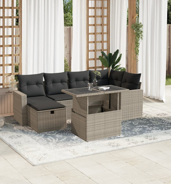 7-tlg. Garten-Sofagarnitur mit Kissen Hellgrau Poly Rattan