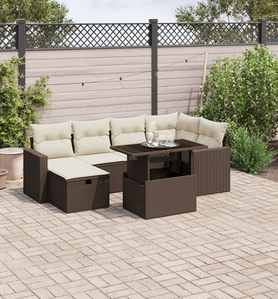 7-tlg. Garten-Sofagarnitur mit Kissen Braun Poly Rattan