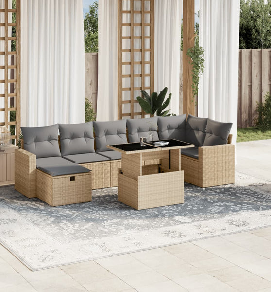 8-tlg. Garten-Sofagarnitur mit Kissen Beige Poly Rattan