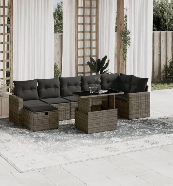 8-tlg. Garten-Sofagarnitur mit Kissen Grau Poly Rattan