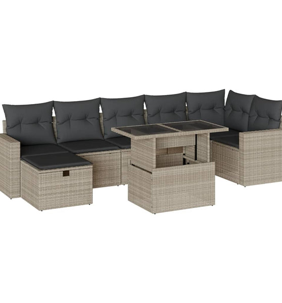 8-tlg. Garten-Sofagarnitur mit Kissen Hellgrau Poly Rattan