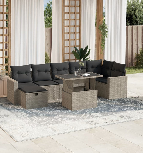 8-tlg. Garten-Sofagarnitur mit Kissen Hellgrau Poly Rattan