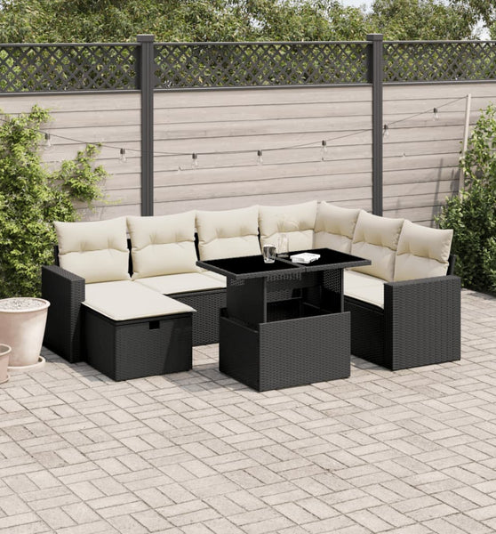 8-tlg. Garten-Sofagarnitur mit Kissen Schwarz Poly Rattan