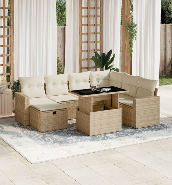 8-tlg. Garten-Sofagarnitur mit Kissen Beige Poly Rattan