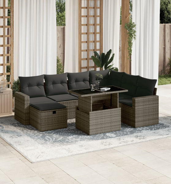 8-tlg. Garten-Sofagarnitur mit Kissen Grau Poly Rattan