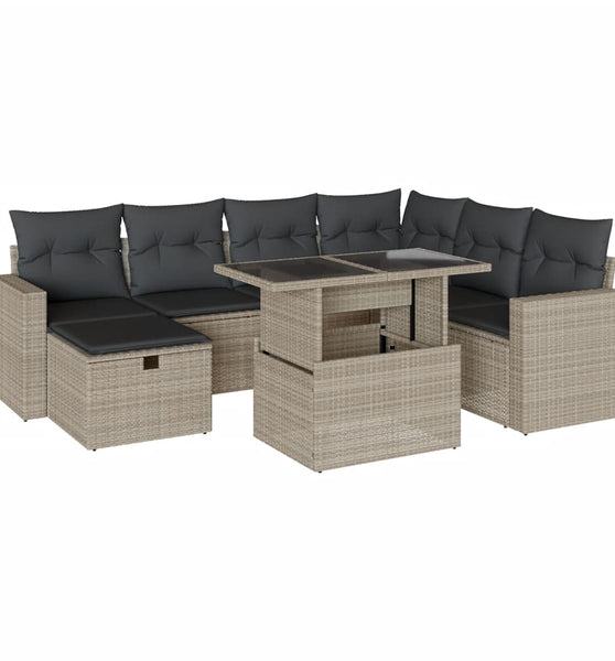 8-tlg. Garten-Sofagarnitur mit Kissen Hellgrau Poly Rattan