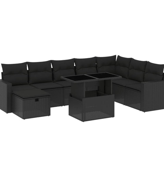 9-tlg. Garten-Sofagarnitur mit Kissen Schwarz Poly Rattan