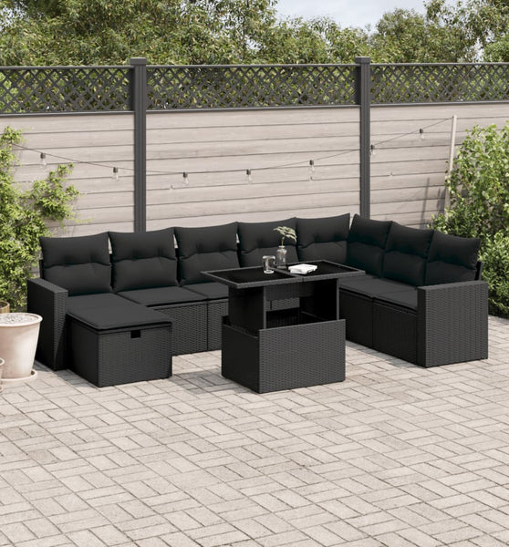9-tlg. Garten-Sofagarnitur mit Kissen Schwarz Poly Rattan
