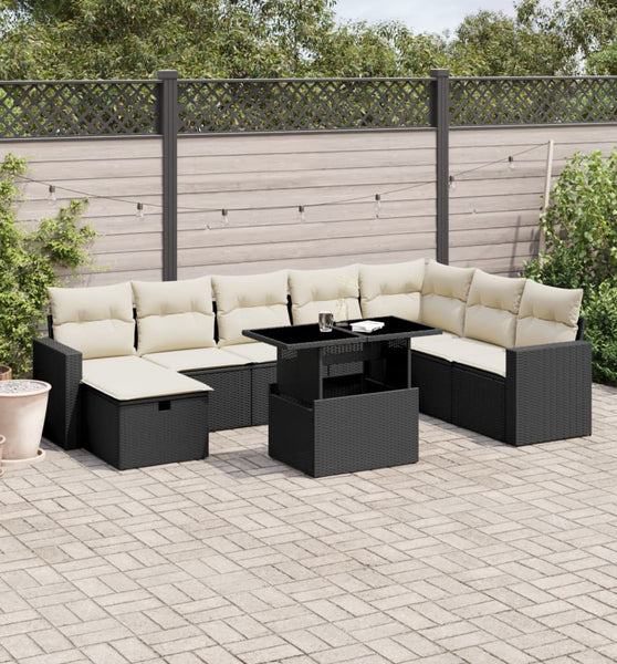 9-tlg. Garten-Sofagarnitur mit Kissen Schwarz Poly Rattan