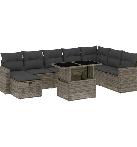 9-tlg. Garten-Sofagarnitur mit Kissen Grau Poly Rattan