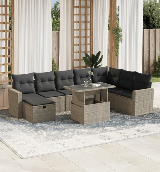 9-tlg. Garten-Sofagarnitur mit Kissen Hellgrau Poly Rattan