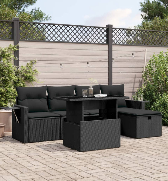 6-tlg. Garten-Sofagarnitur mit Kissen Schwarz Poly Rattan