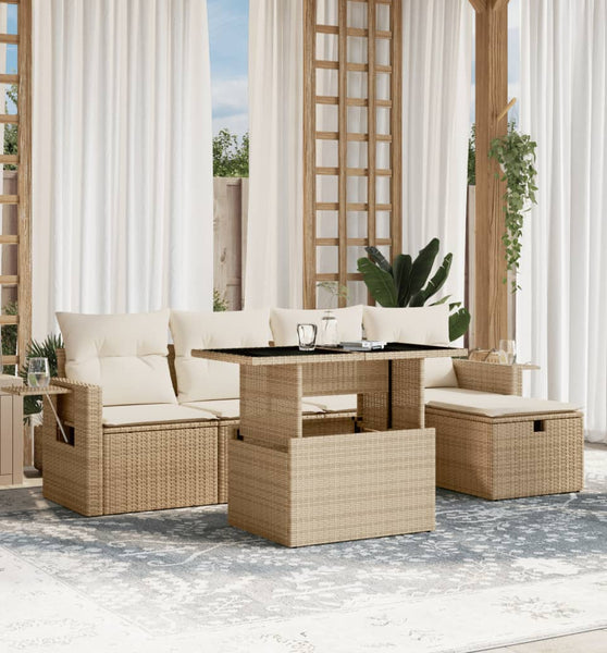 6-tlg. Garten-Sofagarnitur mit Kissen Beige Poly Rattan