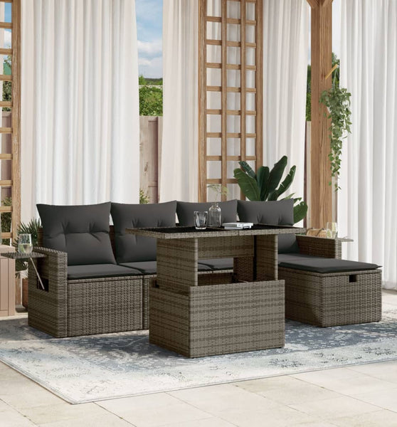 6-tlg. Garten-Sofagarnitur mit Kissen Grau Poly Rattan